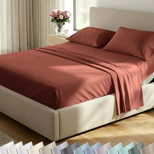 Image of California Design Den Split King Cotton Sheets Sets for Adjustable Bed - Luxury 600 Thread Count, 100% Cotton Sateen, California Split King Sheet Sets, Deep Pockets, Soft and Durable Bedding - Rust