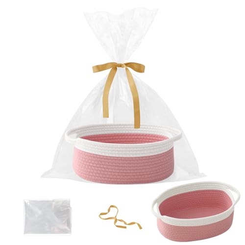 Image of Woven Rope Basket - Baby Gift Basket with Bag & Ribbon, White&Pink