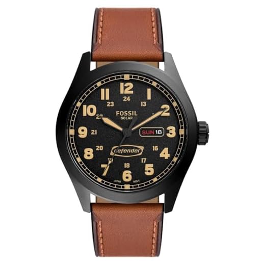 Fossil Reloj para hombre Defender, movimiento solar, caja de 46 mm de acero inoxidable negro con correa de piel, FS5978