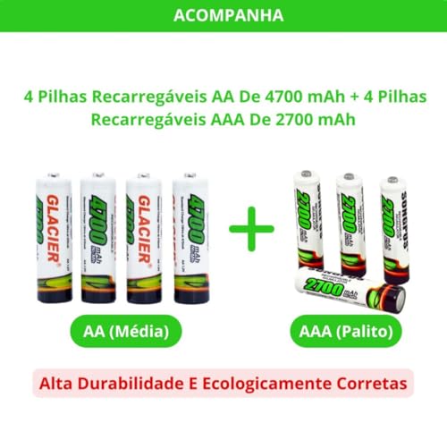 Kit Carregador de Pilhas e Baterias 9v Bivolt + 4 Pilhas AA 4700mah + 4 Pilhas AAA 2700mah Recarregá