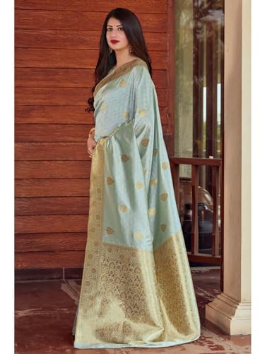 Image of Flosive Women's Kanjivaram Silk Saree With Beautiful Blouse With Zari Border