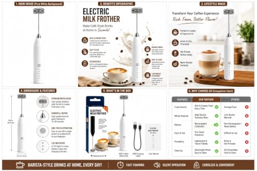 Image of Handheld Electric Milk Frother for Coffee, USB Rechargeable Foam Maker for Cappuccino Latte, Egg Beater & Coffee Whisk, Portable Stainless Steel Frother for Home Kitchen Cafe - White