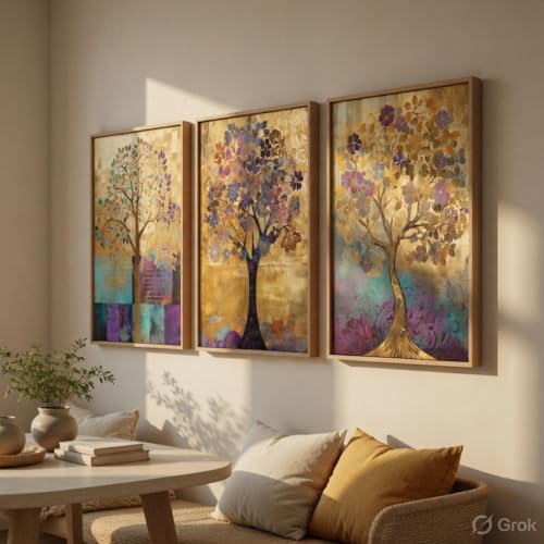 Image of Livin'luxe Abstract Tree Wall Painting Set of 3 with Wooden Frames | Modern Golden Tree Artwork HD Sparkle Laminated MDF Wall Decor | Elegant Nature Tree Wall Art for Living Room Bedroom