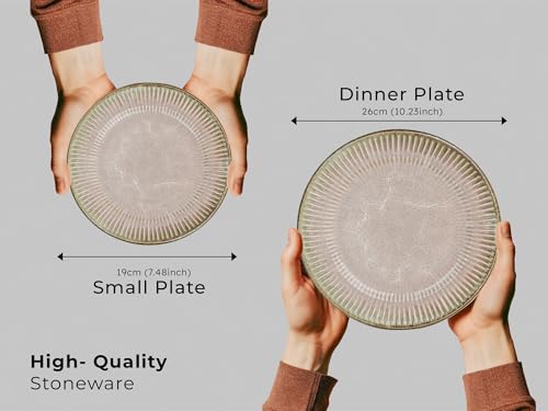 Image of Bodhi House Premium 18-Piece Stoneware Dinner Set Serving for 6 - Handcrafted Ceramic Plates, Bowls & Serving Bowls | Microwave & Dishwasher Safe | Elegant Modern Tableware Crockery Petal Pink