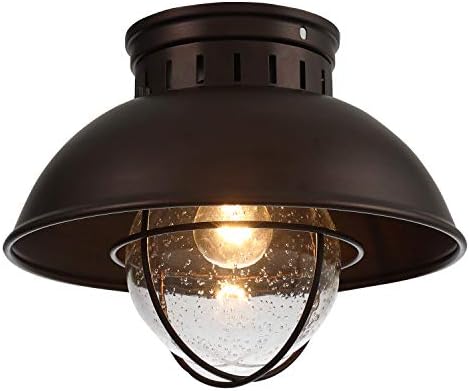 ALAISLYC Outdoor Ceiling Light Farmhouse 10 Inch Flush Mount Ceiling Lights Fixture Oil Rubbed Bronze,Metal Cage Seeded Glass Semi Entry Hall Light Fixtures