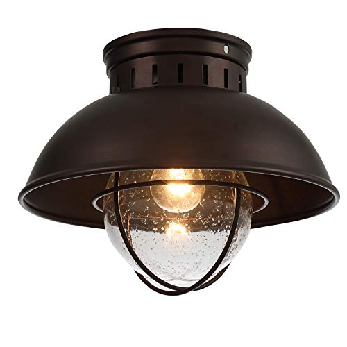 Alaislyc Outdoor Ceiling Light Farmhouse 10 Inch Flush Mount Ceiling Lights Fixture Oil Rubbed Bronze,Metal Cage Seeded Glass Semi Entry Hall Light Fixtures #TOP6