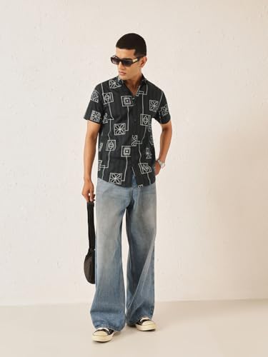 Image of Majestic Man Men's Slim Fit Pure Cotton Printed Casual Shirt - Short Sleeve | Premium Breathable Fabric | Modern Geometric Design