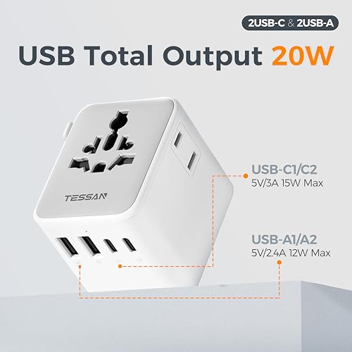 Image of TESSAN Universal Travel Adapter, Power Adapter Worldwide | Extra 2 Prong AC Outlet, 4 USB Ports (2 USB C), US to Europe Italy UK Australia Ireland, Type C G A I