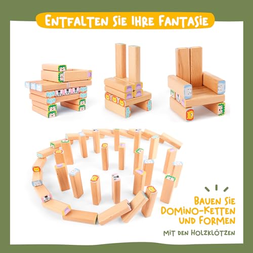 Nene Toys 4-in-1 Holz-Wackelturm – Familienspiel & Lernspiel aus Holz – Stapelspiel mit Bauklötzen, Karten & Würfel – Safari-Tierspiel für Kinder 3–9 Jahre