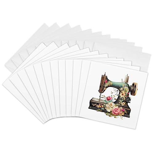 3dRose - 3dRose Greeting Cards - Pretty Vintage Green Sewing Machine and Flowers Illustration - 12 Pack - Illustrations