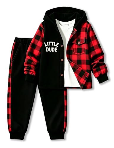 Image of Toddler Boy Clothes Plaid Hooded Shirt White T-shirt Top and Solid Color Pants 3Pcs Winter Boys Clothes