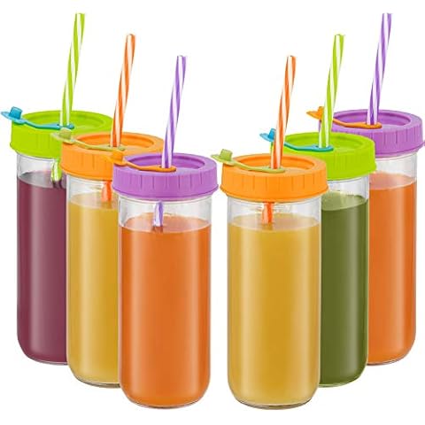 Glass Drinking Bottle Travel Drinking Jars 6 Pack, 16oz Mason Jars Regular Mouth Beverage Bottle with Airtight Lids &Straws, Reusable Water Bottle Skinny Tumbler for Juice/Smoothies,/Kombucha/Tea/Milk Cover