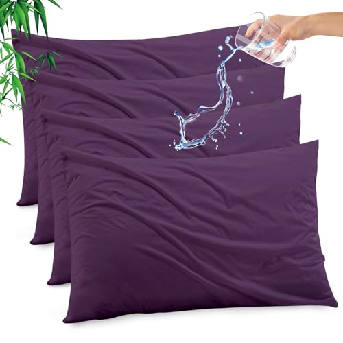 Gogreen Bamboo Rayon Waterproof Pillow Protector, Breathable Pillow Cover, Cooling Pillow Case with Zipper, Super Soft Pillow Case Cover with Zipper (4 Packs, Standard 20"x26", Purple) by Gogreen - Used condition - CA$17.91