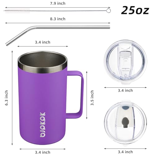 Image of BJPKPK 25oz Insulated Coffee Mug with Handle, Stainless Steel Travel Mug | Keeps Drinks Hot & Cold, Double Wall Vacuum, 2 Lids Included, BPA-Free Coffee Tumbler for Home, Office & Travel