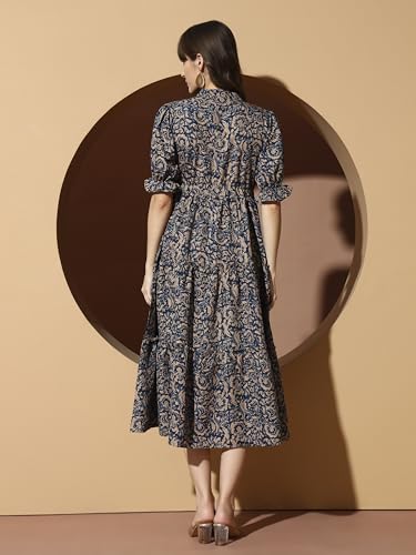 Image of KZULLY | Dress for Women | Midi Dress | Floral Printed | Polyester Fabric | Bell Sleeve Ethnic A-Line | Tiered Fit & Flare | Casual & Festive