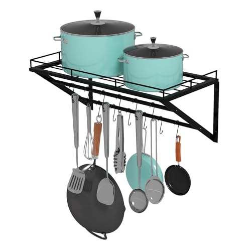 Toque Pot Rack Pots Wall Mounted, Pot Rack Storage Shelf with 2 Tier Hanging Rails, Pans Organizer with 12 Hooks, Heavy Duty Steel, Ideal for Kitchen Pans, Utensils, Cookware, Black