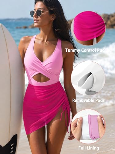 Image of B2prity Women Mesh One Piece Swimdress Swimsuit Tummy Control V Neck Cutout Bathing Suit Wrap Drawstring Sarong Swimwear