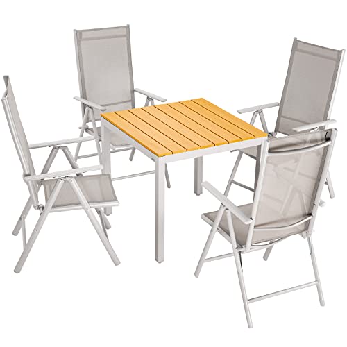 Casaria Salon de Jardin Aluminium Bern 4+1 Chaise Dossier Haut Pliable 7 Positions Table 80x80cm Bois Composition Jardin terrasse