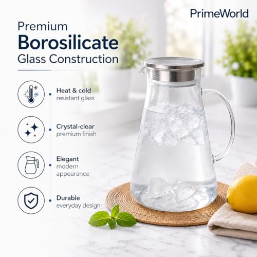 Image of PrimeWorld 1 pc 1.8 Litre Borosilicate Glass jug with Lid Stainless Stell Air Tight Water Pitchers with Handle for Fridge,Carafe for Hot /Cold Drink,Iced Tea, Coffee,Juice,Milk,Beverage-Microwave Safe