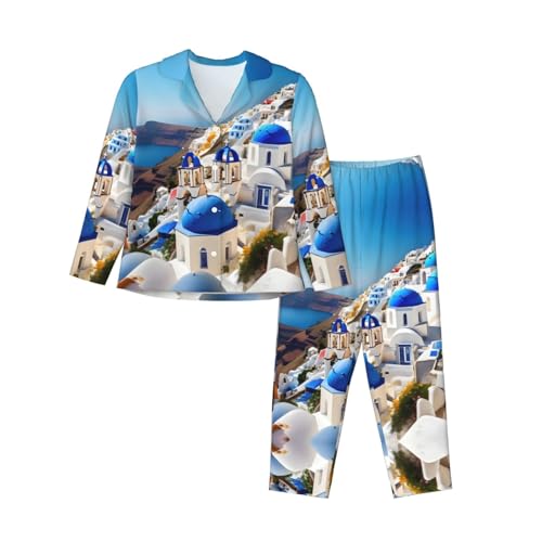 Pyjama imprimé île grecque Santorini en coton ensemble nuit pour soirées cocooning