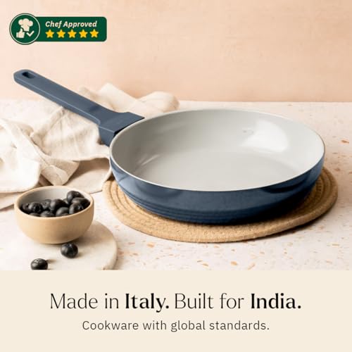Image of Ember Cookware Arcilla Ceramic Frying Pan 24 cm | 5-Year Warranty | 75% Less Oil Usage | Lightweight, Non-Toxic Non-Stick Ceramic Frypan | Matching Handle- Gas Compatible | ISI Certified | Blue