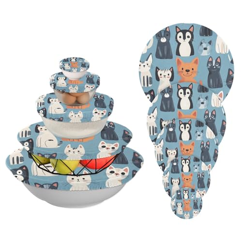 FLildon Cartoon Dogs Cats Print Bowl Covers Reusable 5PCS Cloth Bowl Cover in 5 Size Elastic Food Storage Cover Stretch Lids for Kitchen Containers Bread Proofing