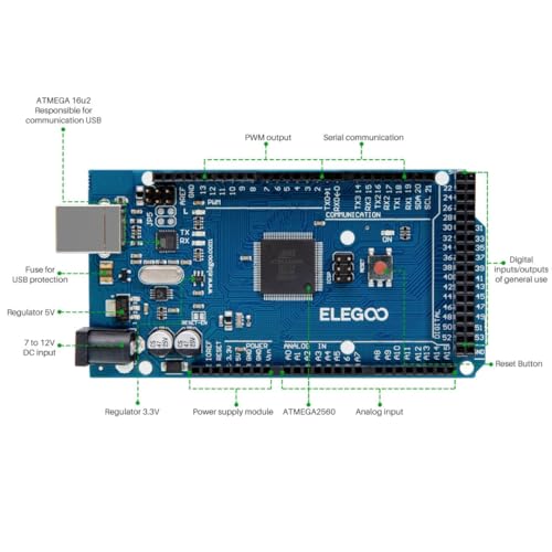 Image of ELEGOO MEGA R3 Board ATmega 2560, USB Cable Compatible with Arduino (Pack of 2)