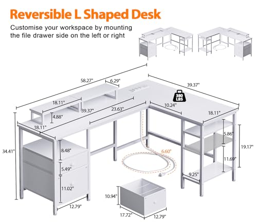 Image of Furologee White 59 inch L Shaped Desk with Power Outlet, Reversible Computer Desk with File Drawer & 2 Monitor Stands, Corner Home Office Table with Storage Shelves for Gaming Writing