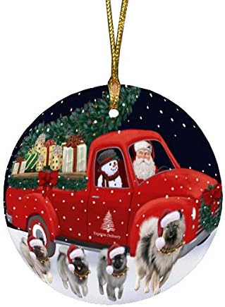 Christmas Express Delivery Red Truck Running Keeshond Dogs Round Flat Ornament - Pet Decorative Hanging Ornaments for Christmas X-mas Tree Decorations - 2.75" Round Christmas Ornament