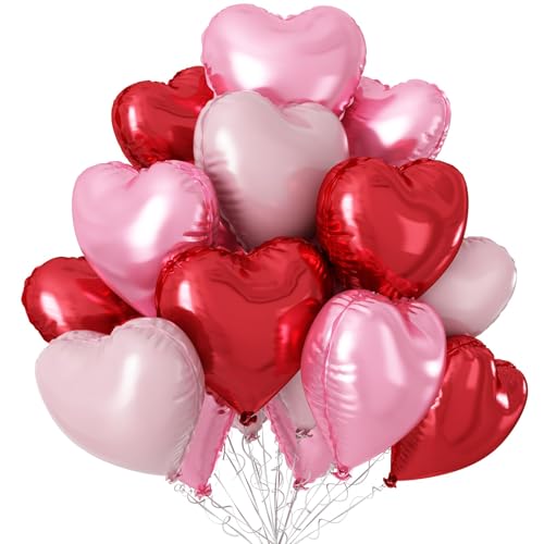 Pastel Pink Red Heart Balloons,12Pcs 18 Inch Baby Pink Foil Love Heart Shaped Balloons for Women Girl Valentines Day Birthday Wedding Engagement Anniversary Party Graduation Baby Shower Decorations