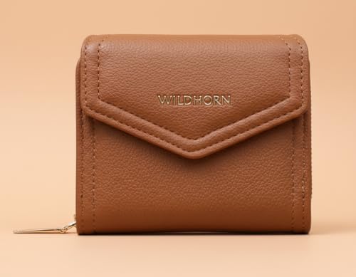 Image of WildHorn Women's Wallet | Premium Vegan Leather Ladies Purse with Zip Coin Pocket & Snap Button | Compact Wallet with Card Slots & ID Window (Tan)