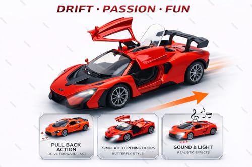 Image of Mini McLaren Senna Toy Car Model 1:36 Scale Die-cast Metal Pull Back Vehicle with Openable Doors, Lights & Music, Sports Model for Kids, Boys & Collectors (Red)