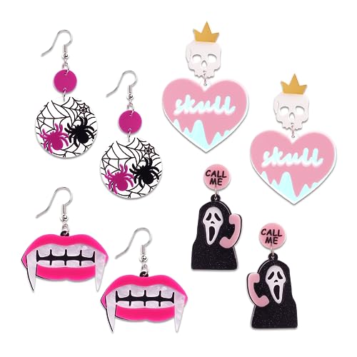 JeanBeau Halloween Skull Pink Heart Skeleton Spooky Ghost Bat Vampire Mouth Drop Dangle Acrylic Earrings Set for Women Cute Gothic Party Holiday Accessories Fashion Costume Jewelry Gift