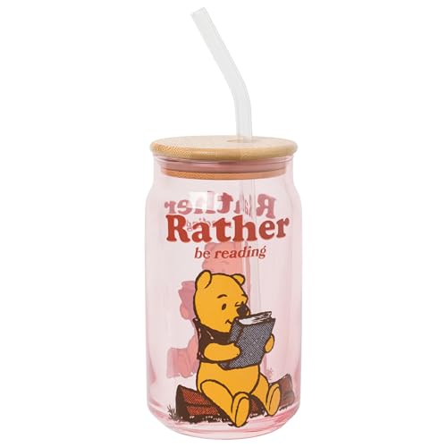 Image of Silver Buffalo Disney Winnie the Pooh Rather Be Reading Glass Jar Tumbler with Bamboo Lid and Glass Straw, 16 Ounces