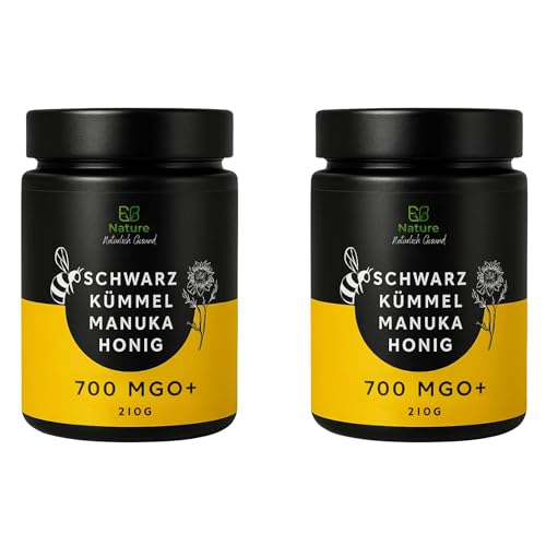 EB Nature Schwarzkümmel & Manuka-Honig 700+ MGO – Reiner Honig mit Nigella-Sativa-Samen – Natürliche Mischung aus Neuseeland & Äthiopien – Premium-Cremige Textur ohne Zusatzstoffe, 210 g (2er Pack)