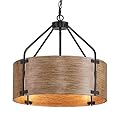 Farmhouse Rustic Drum Chandelier,Modern Industrial 4-Light Wood Grain Round Black Metal Hanging Pendant Light Fixtures for Dining Room,Kitchen Island,Entryway,Foyer
