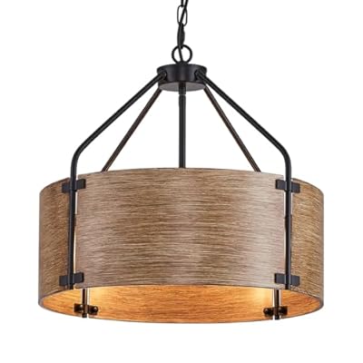 Farmhouse Rustic Drum Chandelier,Modern Industrial 4-Light Wood Grain Round Black Metal Hanging Pendant Light Fixtures for Dining Room,Kitchen Island,Entryway,Foyer