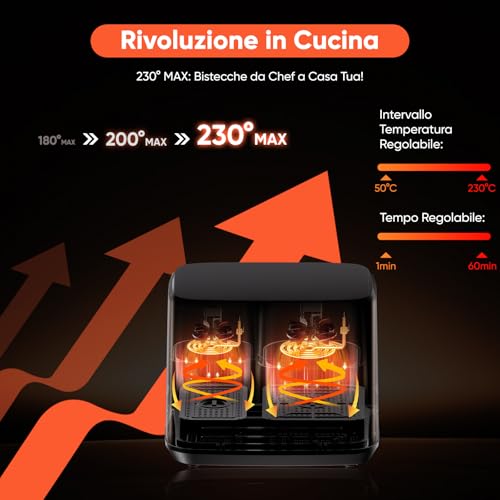 Friggitrice ad Aria XXL 10 litri Doppio Cestello, 50°C-230°C, Air Fryer con Finestra, 12 Programmi, Lavabile in Lavastoviglie, Touch Screen, Doppia Temperatura e Tecnologia SMART& MATCH Cook - immagine 4