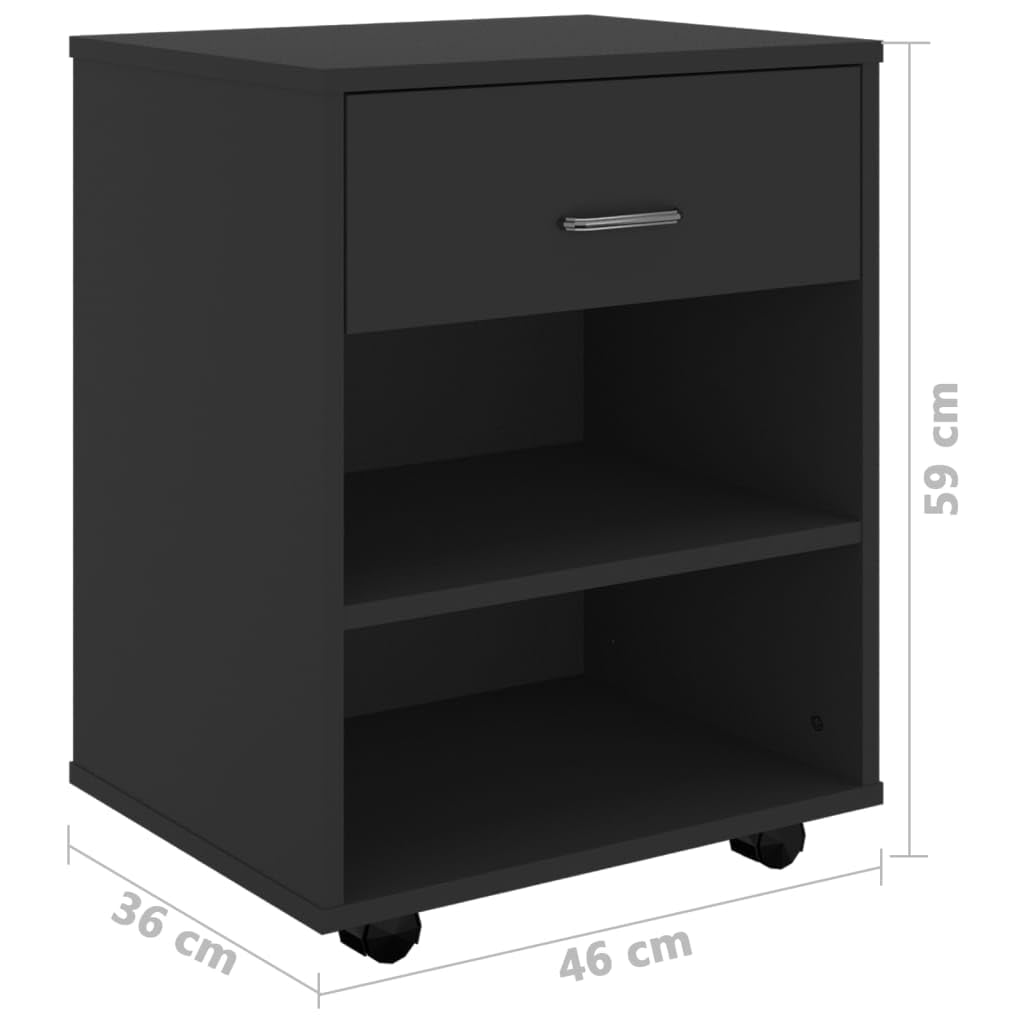 Cassettiera nera 46 x 36 x 59 cm, mobile per stampante in legno, armadio flessibile con 4 ruote, per casa e ufficio