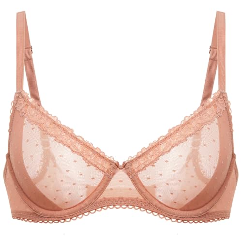 Image of DOBREVA Women's Sheer Mesh Demi Bra Underwire Balconette | Dotted Mesh, Lace Trim, See Through, Plus Size, Smooth, Soft