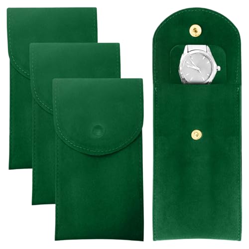 LOMSUXA 3 Pezzi Custodia per Orologio da Viaggio Portatile Orologio Sacchetto, Stoccaggio Orologio Borsa con Bottone A Pressione custodia resistente per Gioielli per viaggi all'aperto (Verde smeraldo)