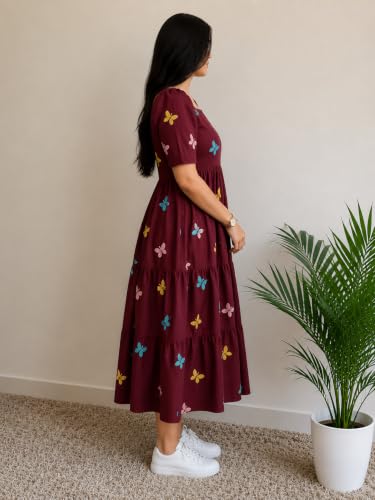 Image of Women's Rayon A-Line Midi Dress, Floral Print, Short Sleeves, Tiered Design, Round Neck, for Summer Wear