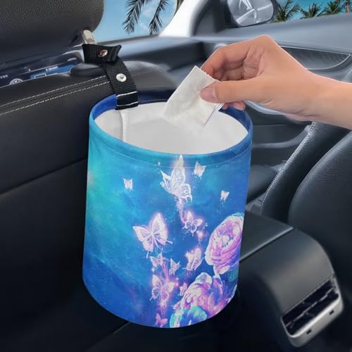 Image of Blue Glowing Butterfly Car Trash Can, Cute Car Trash Bag, Vehicle Trash Can, Multipurpose Trash Bag Hanging, Portable, Collapsible, Waterproof Storage Bag for Cars