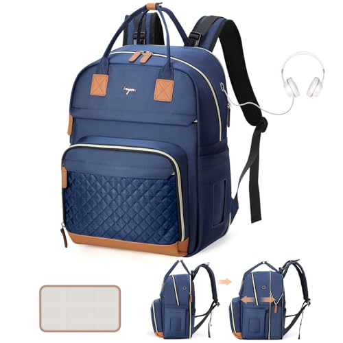 Tonyeee Diaper Bag Backpack - Extra Large Diaper Bag for 2 Kids Twin, Travel Baby Bags for Mom Dad 25-37L Expandable with Changing Pad Earphone Hole, Solid Blue