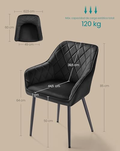 Miniatura 3 de Songmics Silla De Comedor, Silla De Cocina, Sillón De Terciopelo, Silla Tapizada Con Reposabrazos, Carga Máx. De 120 Kg, Patas De Metal, Para Comedor, Cocina, Negro Tinta Ldc088b01