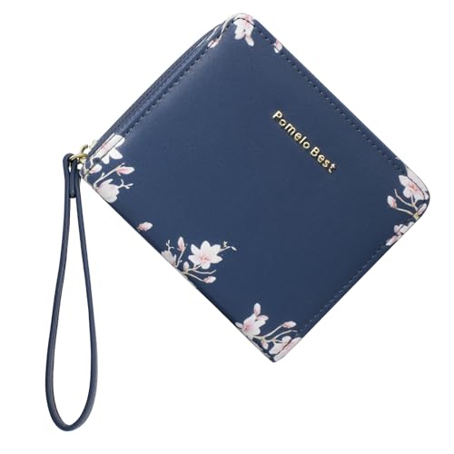 Pomelo Best Geldbörse Damen Kurzformat Blumen Prägung Portemonnaie Damen klein PU Leder mit RFID Blockierung und Münzfach Frauen (Blau)