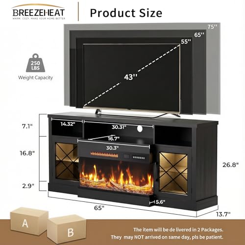 Image of BREEZEHEAT Fireplace TV Stand for TVs up to 75 inch, 3-Sided Electric Entertainment Center with 30 inch LED Fireplace, Media Console w /Storage Cabinet & Glass Doors, 65Inch, Black