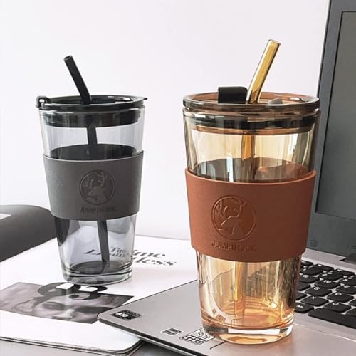Image of WEZOSHINET Glass Tumbler with Lid and Glass Straw Coffee Tea Milk Mug for Home Office and Traveling Espresso Chocolate & Beverage, Mocha, Cappuccino, Shake, Juice Mug Black 450ML (Grey)
