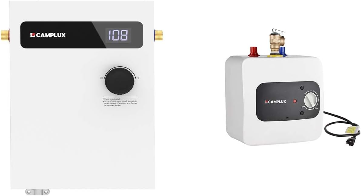 CAMPLUX 11kW Electric Tankless Water Heater and 1.3 galllons Hot Water Heater