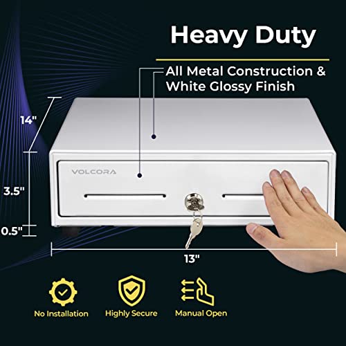Volcora 13" Manual Push Open Cash Register Drawer For Point Of Sale (Pos) System, White Heavy Duty Till With 4 Bills And 5 Coin Slots, Key Lock With Fully Removable Money Tray And Double Media Slots #TOP1